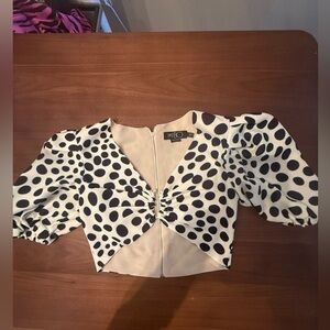 PatBO White Crop Top with Black Polka Dots and Puff Sleeves